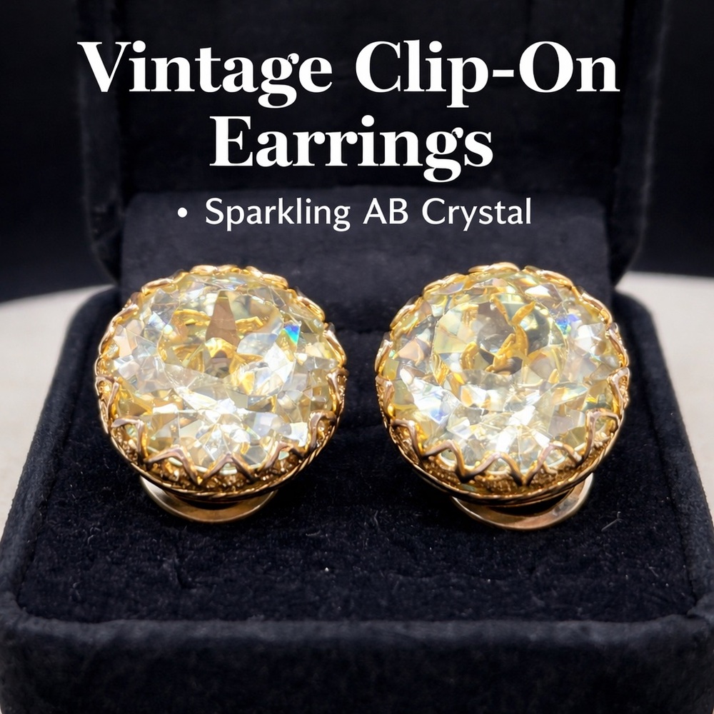 Vintage Gold Tone Crystal Clip On Earrings Large Faceted Rhinestone Statement